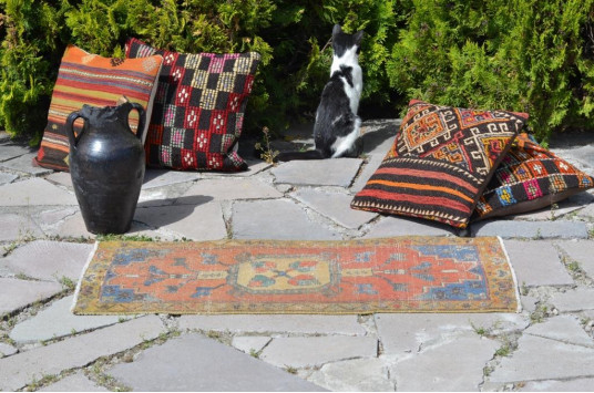 Turkish Handmade Vintage Small Area Rug Doormat For Home Decor 3'4,2" X 1'5,7"