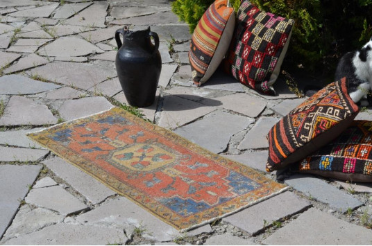 Turkish Handmade Vintage Small Area Rug Doormat For Home Decor 3'4,2" X 1'5,7"