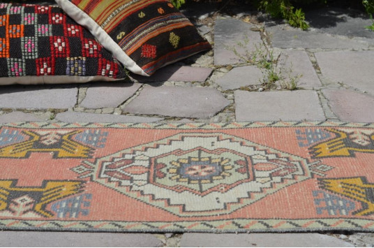 Handmade Turkish Vintage Small Area Rug Doormat For Home Decor 3'3" X 1'6,9"