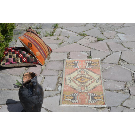 Handmade Turkish Vintage Small Area Rug Doormat For Home Decor 3'0,6" X 1'3,7"