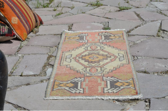 Handmade Turkish Vintage Small Area Rug Doormat For Home Decor 3'0,6" X 1'3,7"