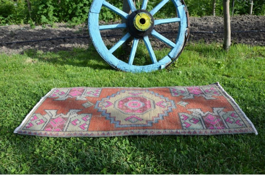 Unique Turkish Vintage Small Area Rug Doormat For Home Decor 3'1,4" X 1'4,9"