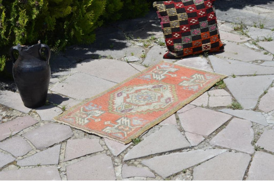 Vintage Handmade Turkish Small Area Rug Doormat For Home Decor 3'2,6" X 1'6,5"