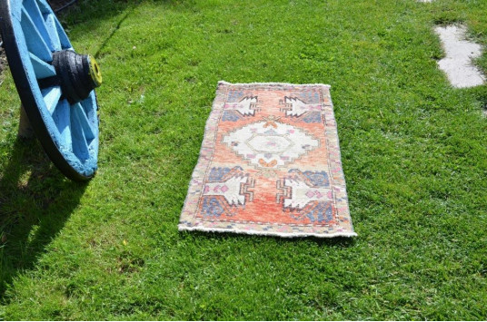 Turkish Handmade Vintage Small Area Rug Doormat For Home Decor 3'3,4" X 1'8,9"