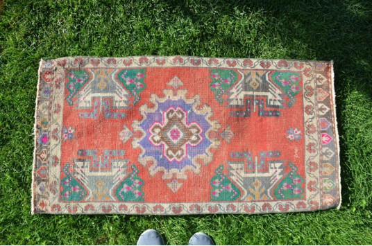 Unique Turkish Vintage Small Area Rug Doormat For Home Decor 3'7,3" X 1'10"