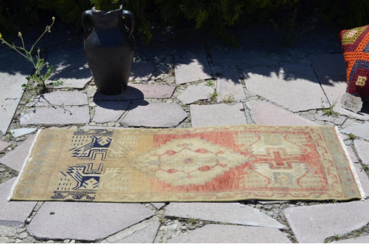 Vintage Handmade Turkish Small Area Rug Doormat For Home Decor 3'6,5" X 1'7,3"
