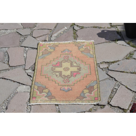 Handmade Turkish Vintage Small Area Rug Doormat For Home Decor 3'0,6" X 1'7,7"