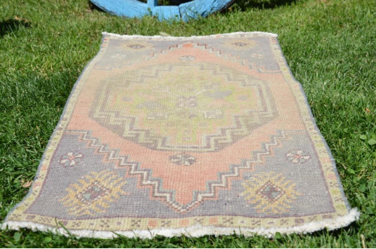 Vintage Handmade Turkish Small Area Rug Doormat For Home Decor 3'3,4" X 1'7,3"