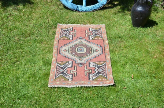 Handmade Turkish Vintage Small Area Rug Doormat For Home Decor 3'0,6" X 1'8,5"