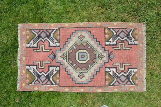 Handmade Turkish Vintage Small Area Rug Doormat For Home Decor 3'0,6" X 1'8,5"