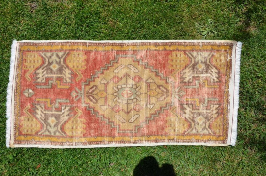 Vintage Handmade Turkish Small Area Rug Doormat For Home Decor 3'3,8" X 1'6,9"