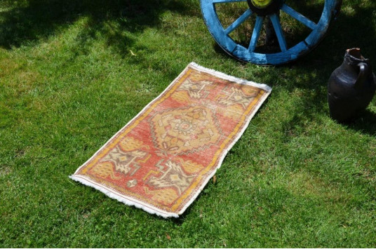 Vintage Handmade Turkish Small Area Rug Doormat For Home Decor 3'3,8" X 1'6,9"