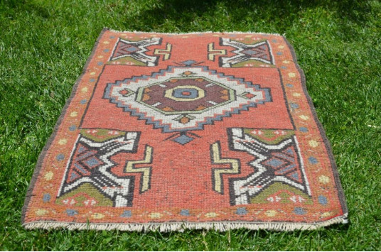 Vintage Handmade Turkish Small Area Rug Doormat For Home Decor 3'1,8" X 1'10"