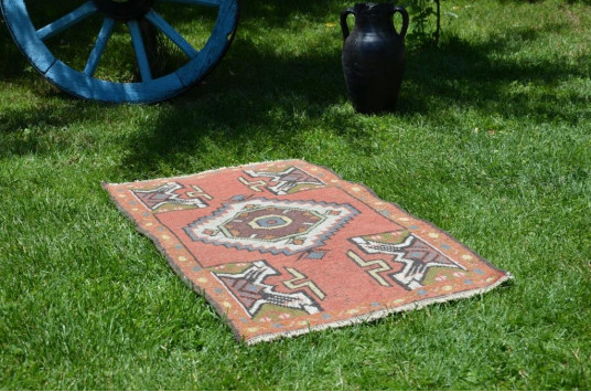 Vintage Handmade Turkish Small Area Rug Doormat For Home Decor 3'1,8" X 1'10"