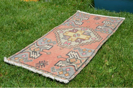 Vintage Handmade Turkish Small Area Rug Doormat For Home Decor 3'1,4" X 1'5,3"
