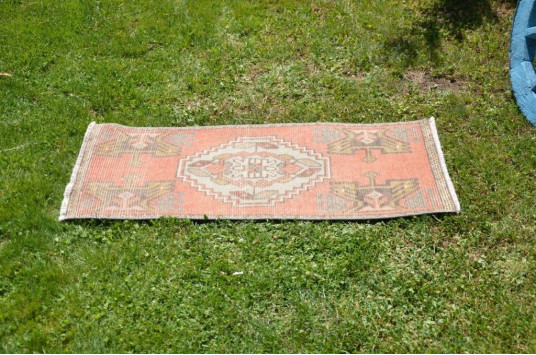 Handmade Turkish Vintage Small Area Rug Doormat For Home Decor 3'3,8" X 1'5,3"