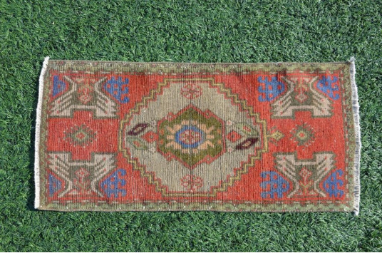 Turkish Handmade Vintage Small Area Rug Doormat For Home Decor 3'1,8" X 1'6,1"