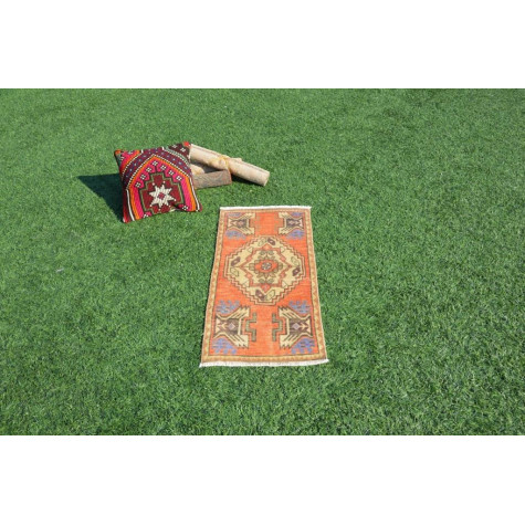 Turkish Handmade Vintage Small Area Rug Doormat For Home Decor 3'1,4" X 1'5,7"